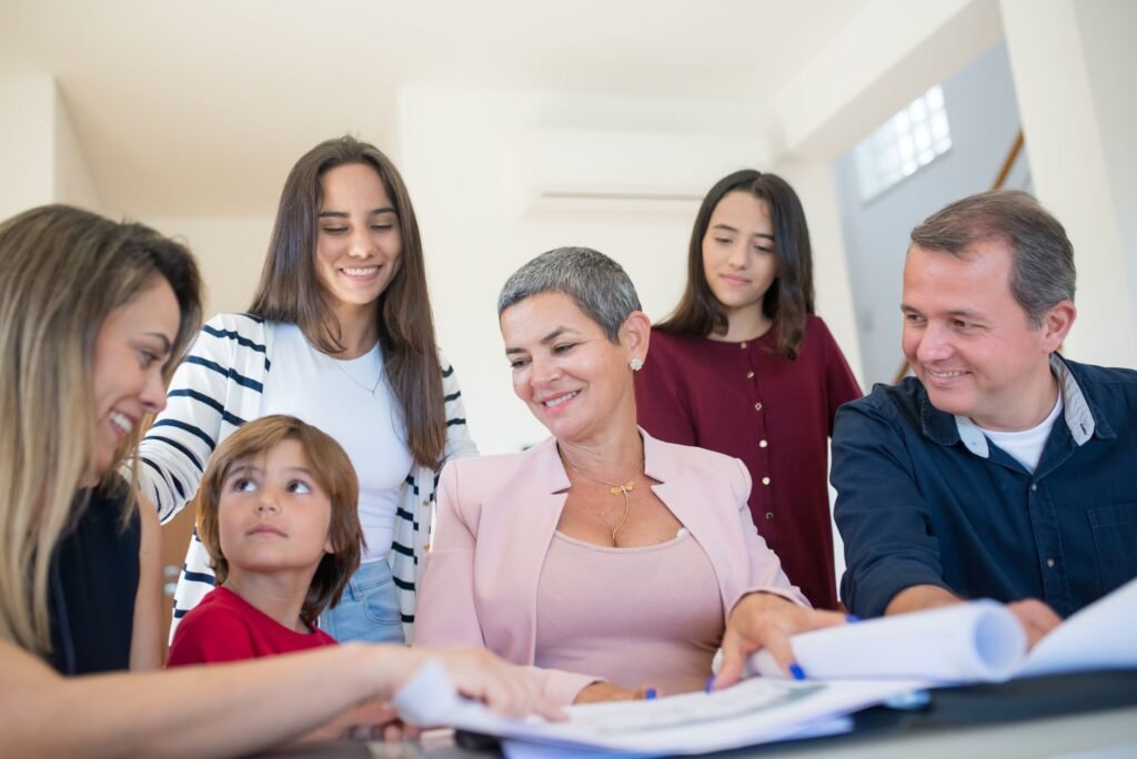 A family engaging in a discussion about their investment choices