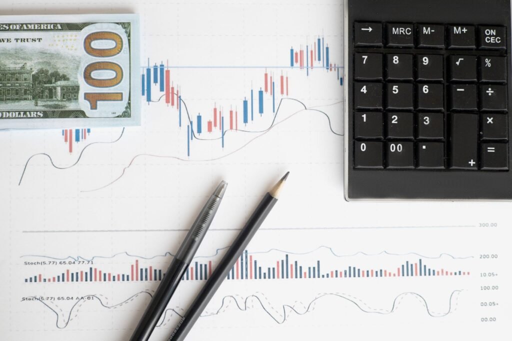 Stock analysis workspace featuring charts, a calculator, and currency for data-driven insights