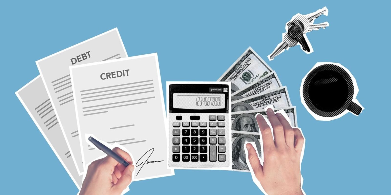 Reviewing credit and finances with a calculator